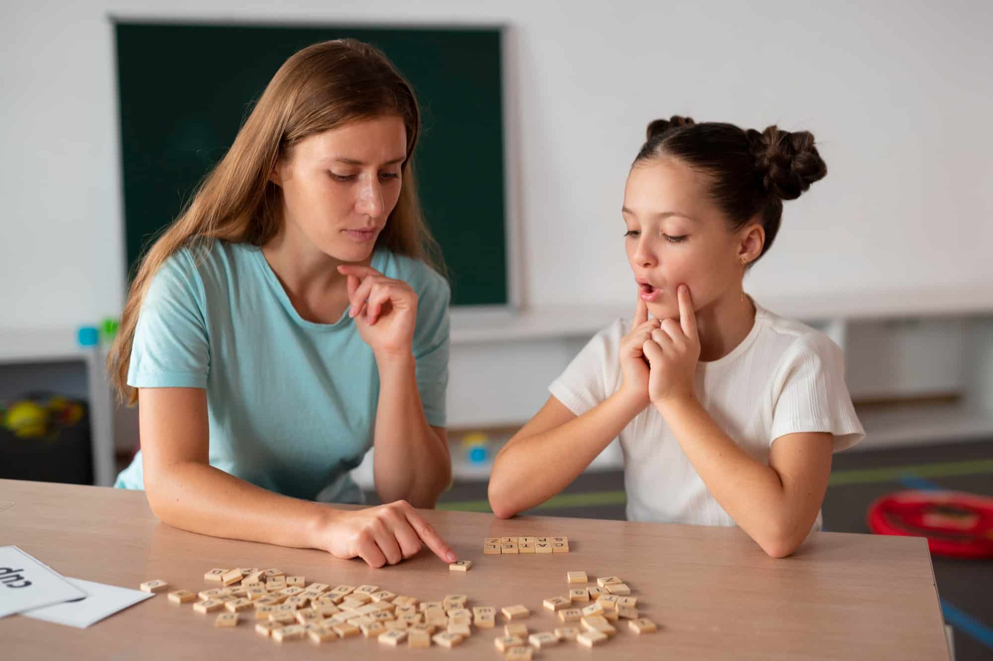 Pathologist helping little girl speech therapy indoors